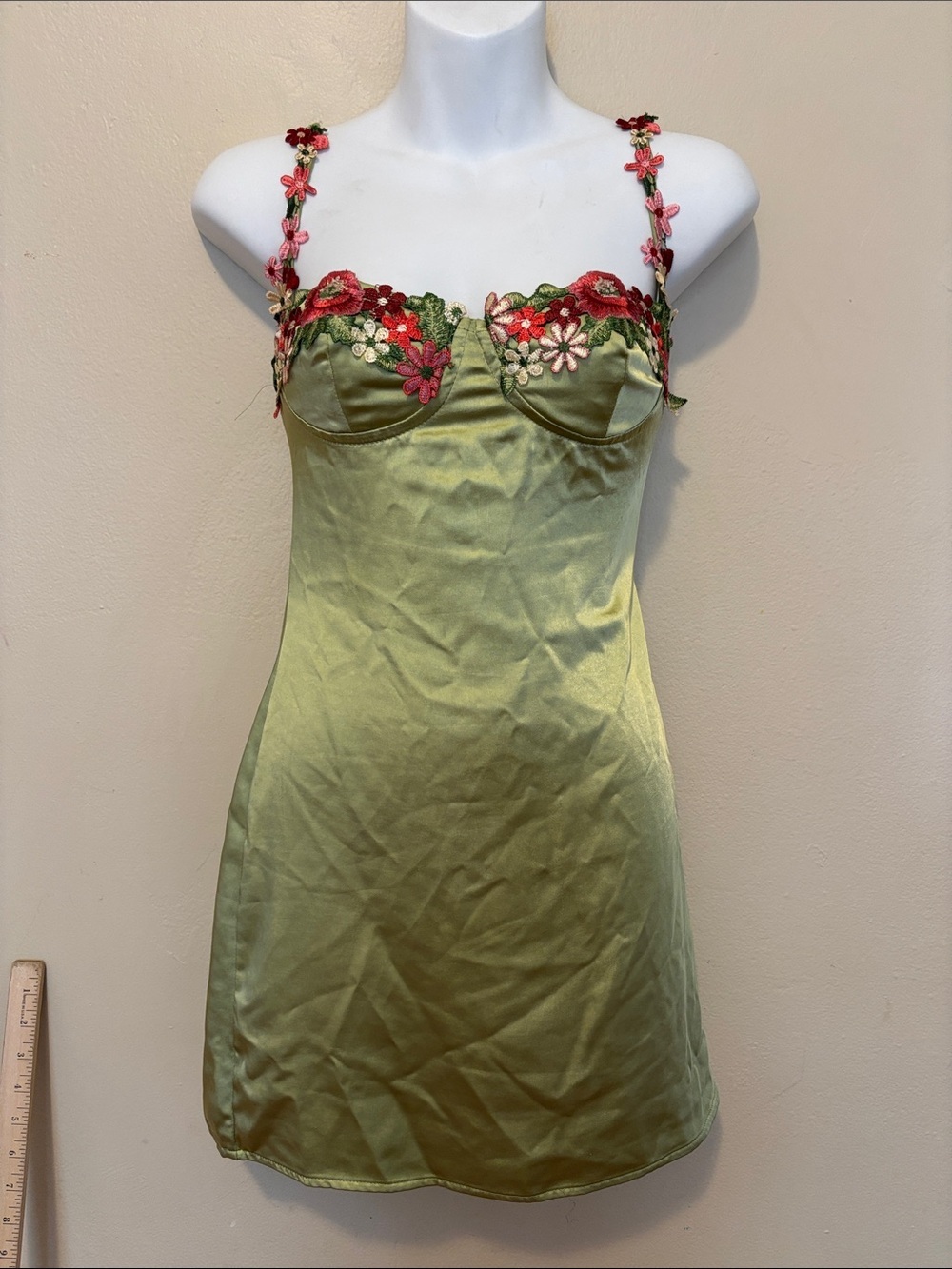 Princess Polly Olive Green Satin Chemise with Red & Pink Floral Embroidery